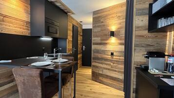 Fridge, microwave, stovetop, espresso maker