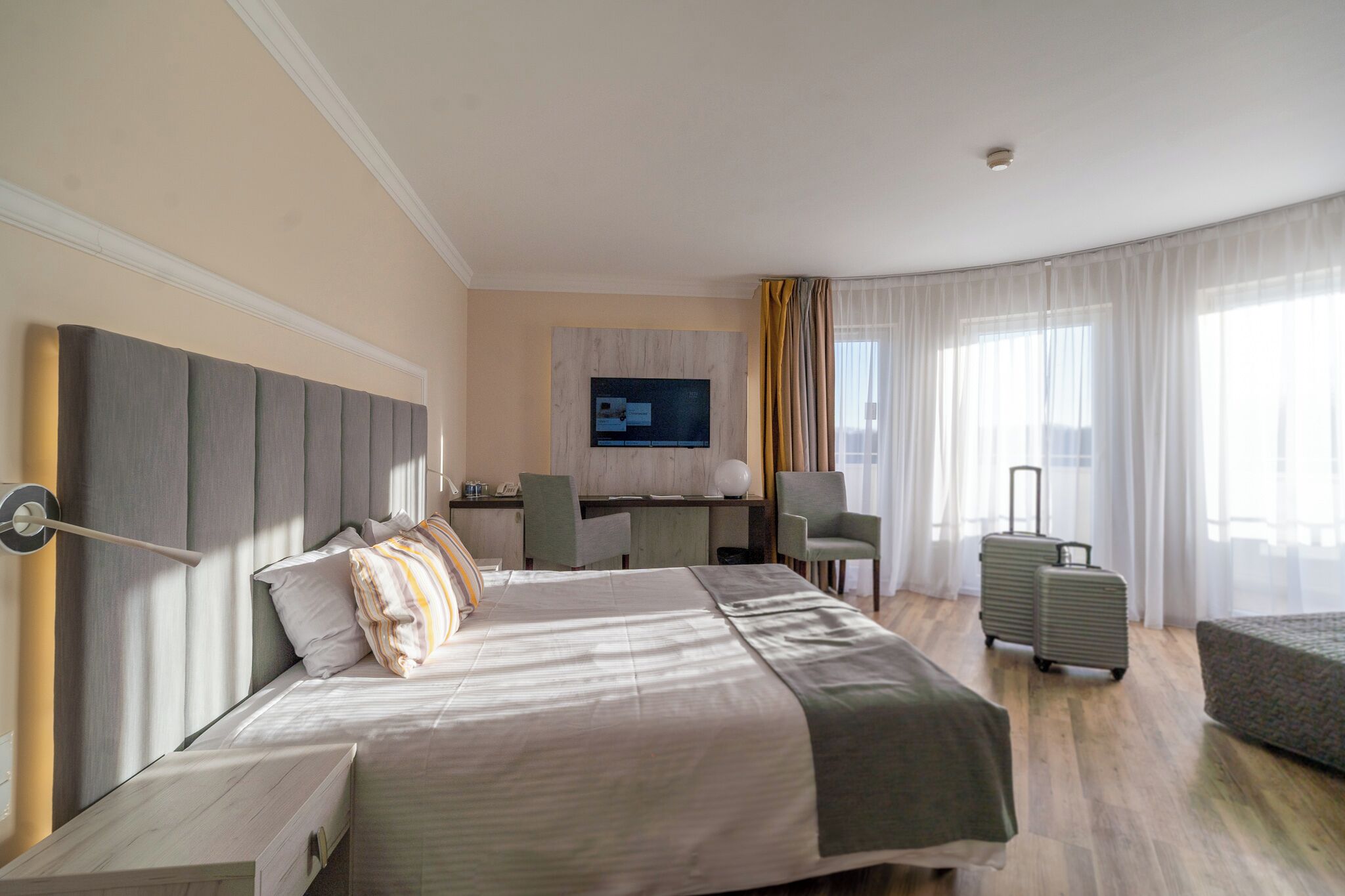 A hotel room with a bed, a desk, a chair, a TV, and a suitcase.