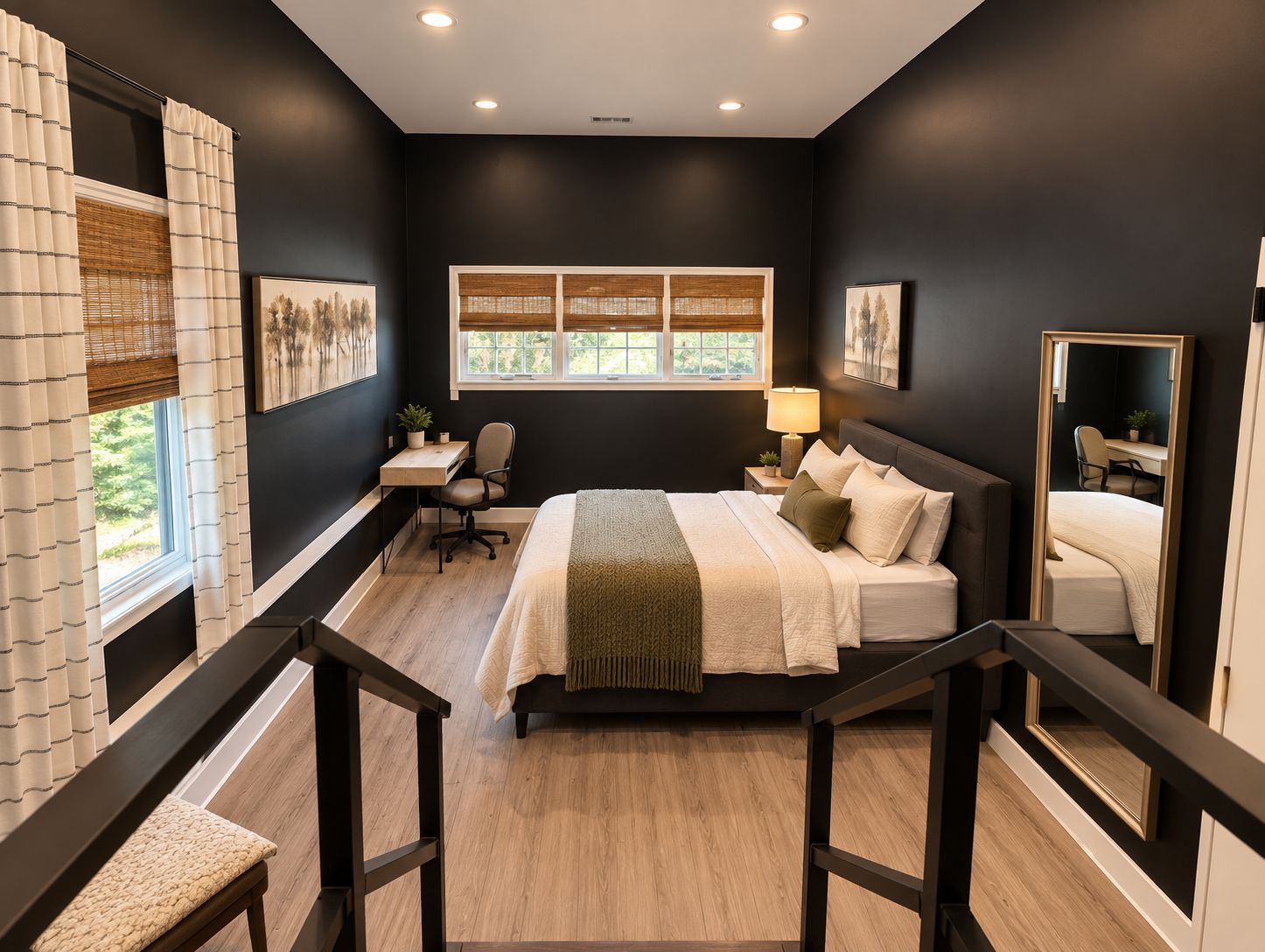 Une chambre à coucher comprenant un lit, un bureau, une chaise, une fenêtre avec des stores et un miroir.