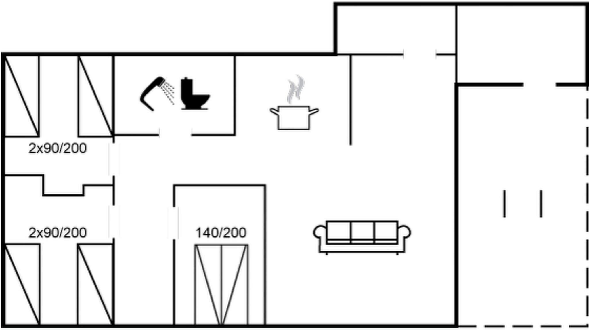 Ein Grundriss mit zwei 2x90/200 Zimmern, einem 140/200 Zimmer, einer Küchenzeile, einem Badezimmer und einem Wohnbereich mit einer Couch.
