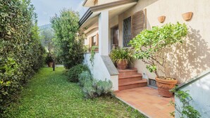 A house with a front garden, a staircase leading to the entrance, and potted plants.
