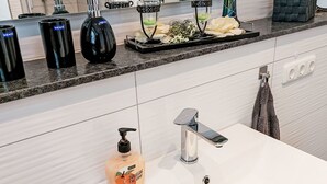 A modern bathroom with a white sink, a chrome faucet, and a bottle of soap. - Beautiful apartment for 2 people with WIFI, TV and terrace (Bad Pyrmont)