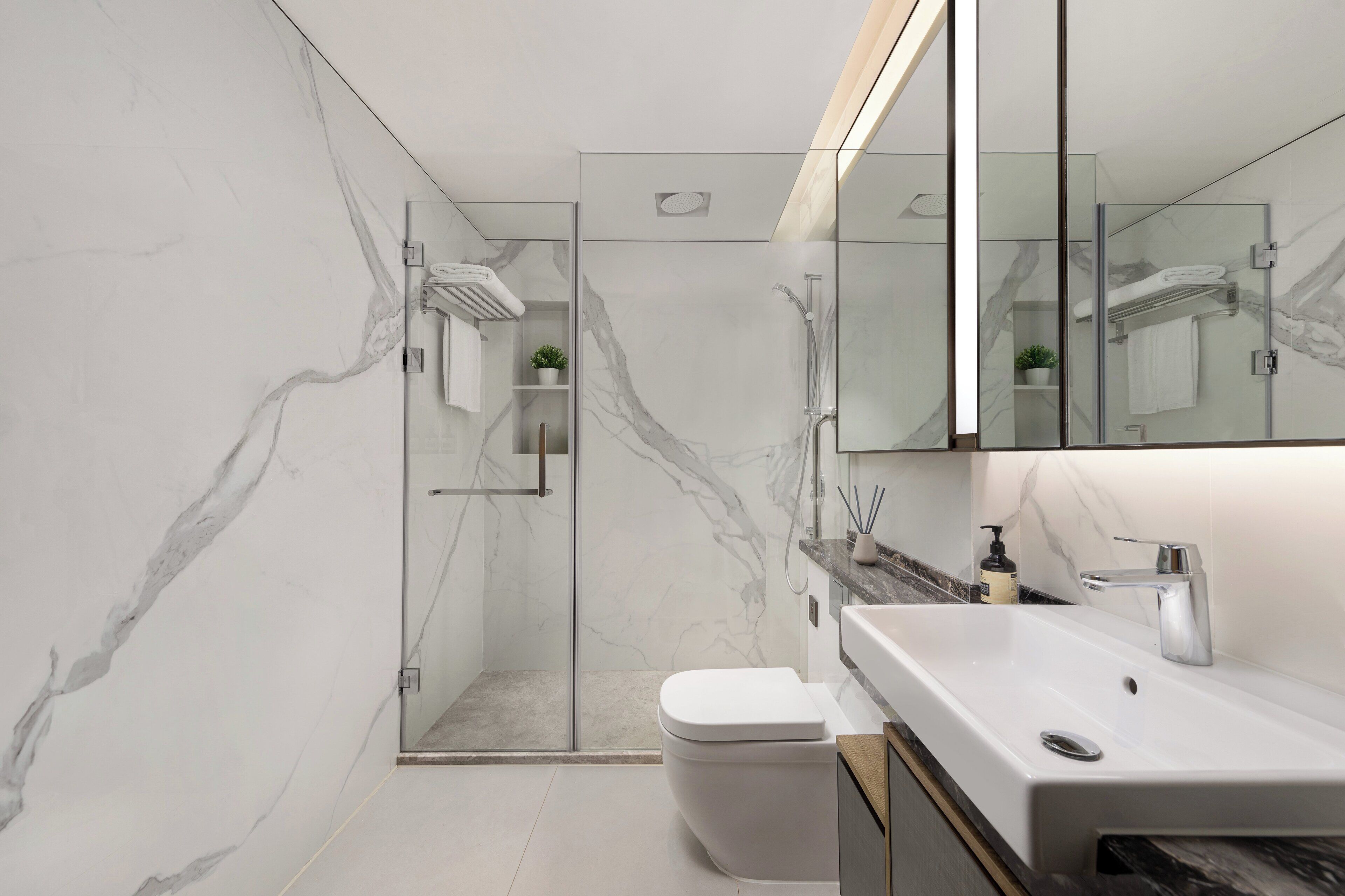 A modern bathroom with a glass-enclosed shower, a white toilet, and a large mirror above the sink.