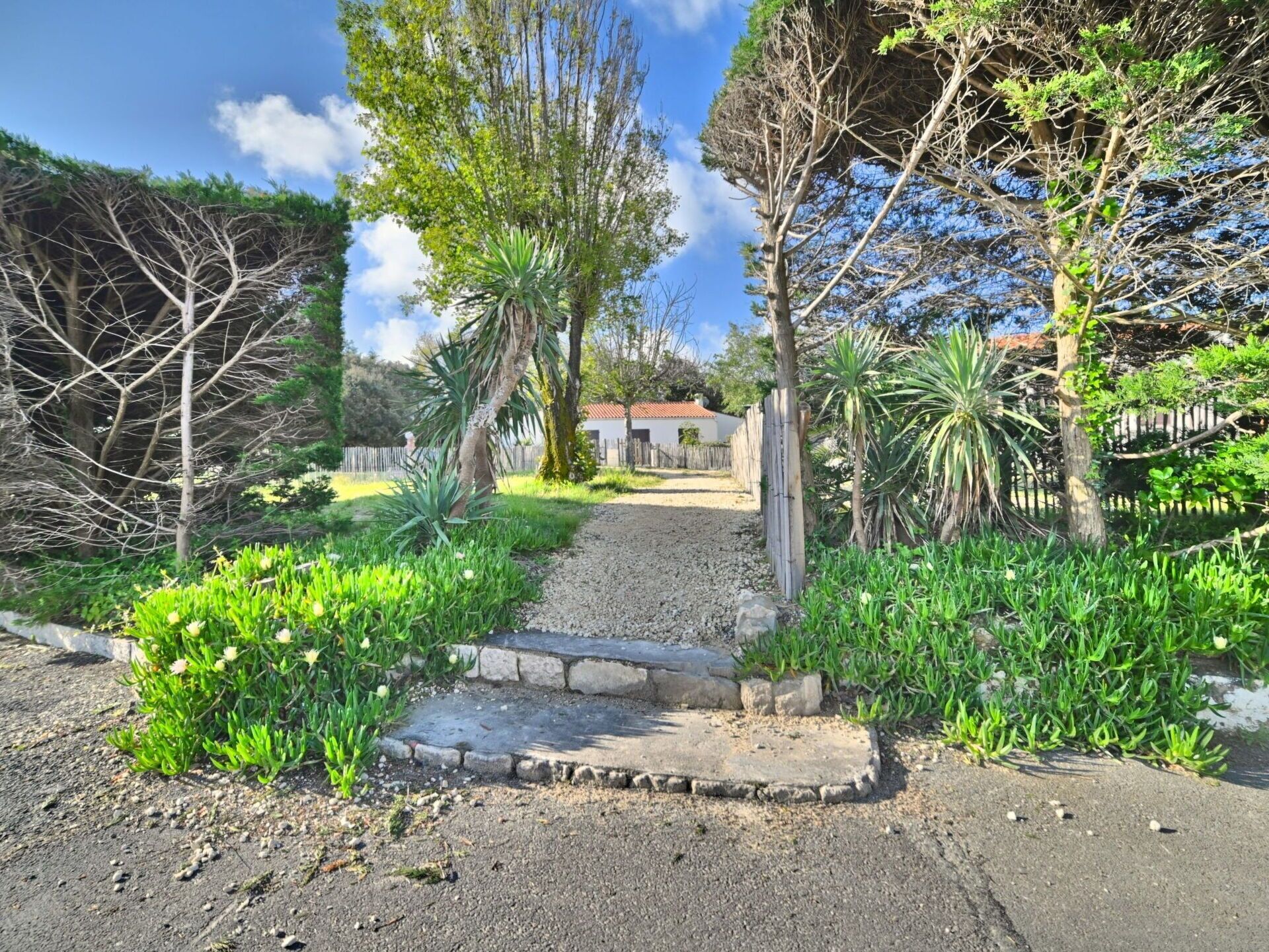 Ein Gartenweg führt zu einem Haus mit weißer Fassade und rotem Dach.
