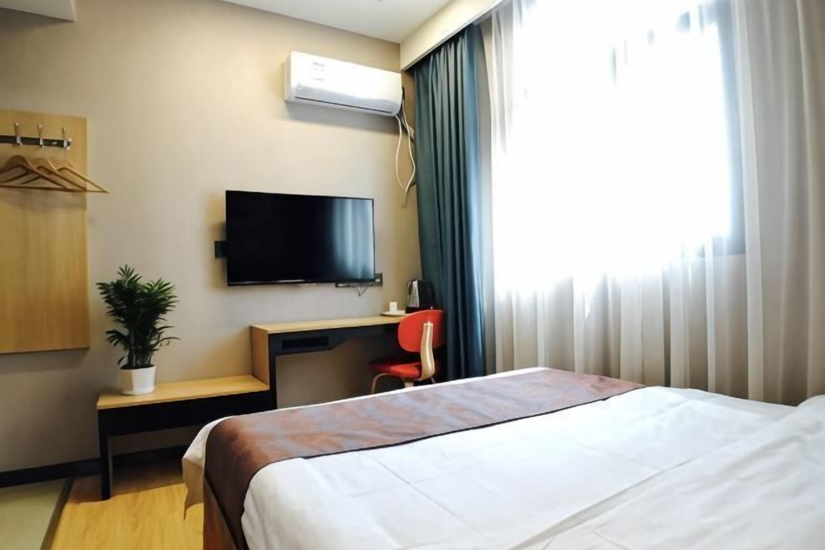 Habitación de hotel con cama, escritorio, silla, televisor y planta en maceta.