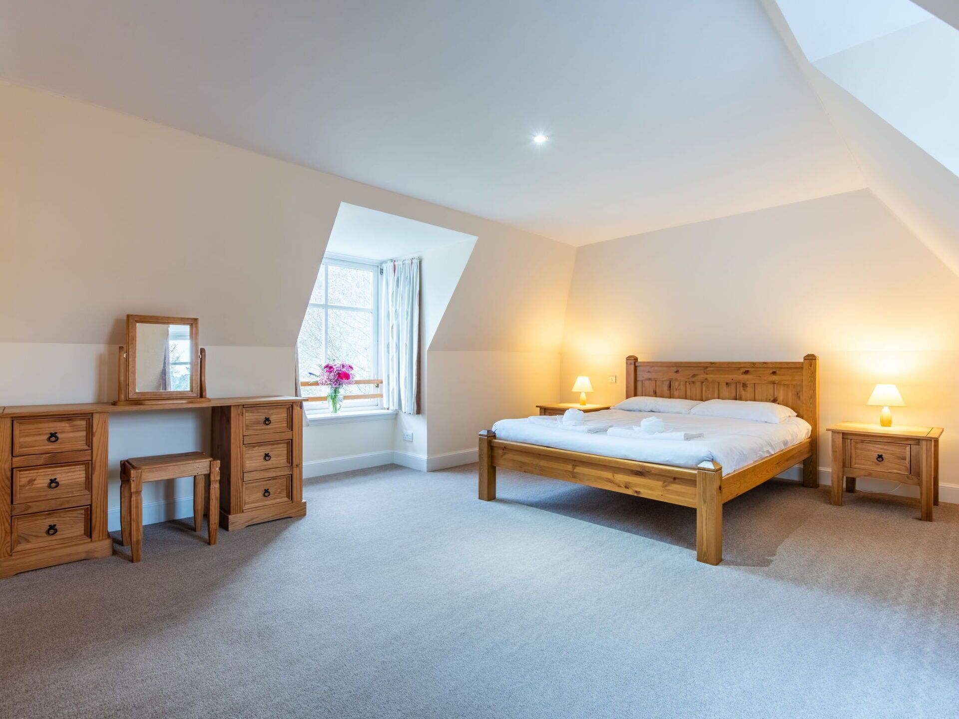 Furniture, Interior Design, Flooring, Wood, Floor, Bed, Bedroom, Ceiling, Room, Lighting