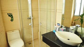 Une salle de bain comprenant des toilettes, une douche fermée par une paroi de verre et un lavabo avec un miroir au-dessus.