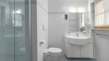 A modern bathroom with a glass shower enclosure, a toilet, a sink with a mirror, and a bathtub.
