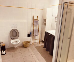 Ein Badezimmer mit Toilette, Dusche und Waschbecken.