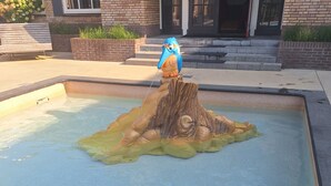 A swimming pool with a tree stump sculpture and a blue bird figure. - Private Sanctuary/Zen Den/nature lovers (Voorthuizen)
