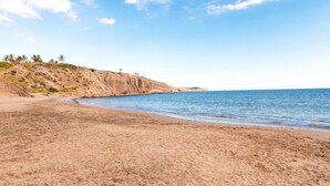 Une plage avec un rivage sablonneux, une falaise rocheuse et une végétation clairsemée.