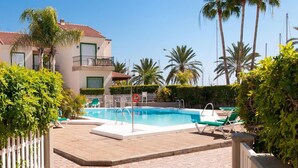 Un espace piscine aménagé avec des chaises longues, une petite piscine et des palmiers.