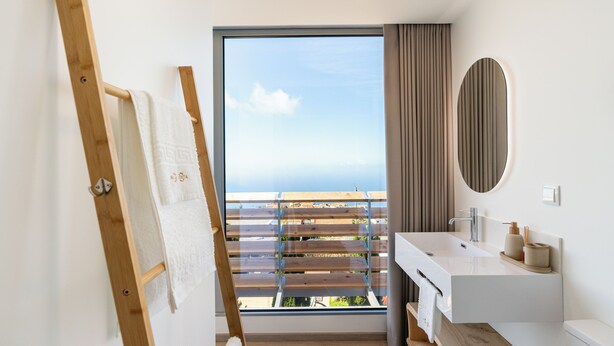 Une salle de bain moderne avec une grande fenêtre, un plancher en bois et une échelle en bois.
