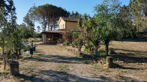 Une maison avec un jardin, une pergola et un ciel dégagé.