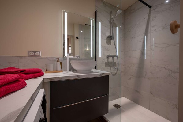 Shower, hair dryer, towels