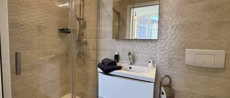 Shower, hair dryer, towels