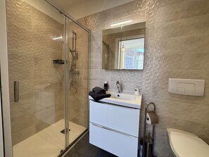 Shower, hair dryer, towels