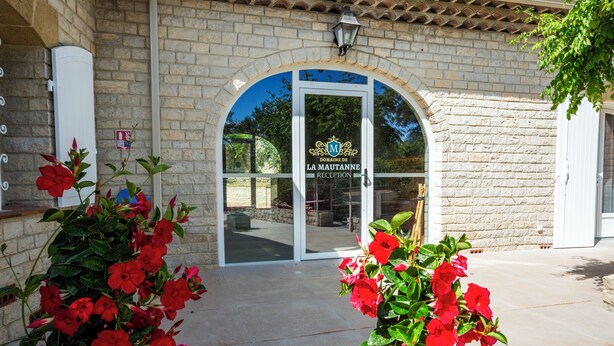 A reception area with a glass door, a stone wall, and red flowers in the foreground. - RANDOM LISTING (Sainte-Tulle)