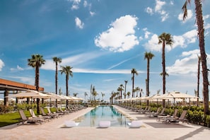 2 indoor pools, seasonal outdoor pool, pool umbrellas, pool loungers