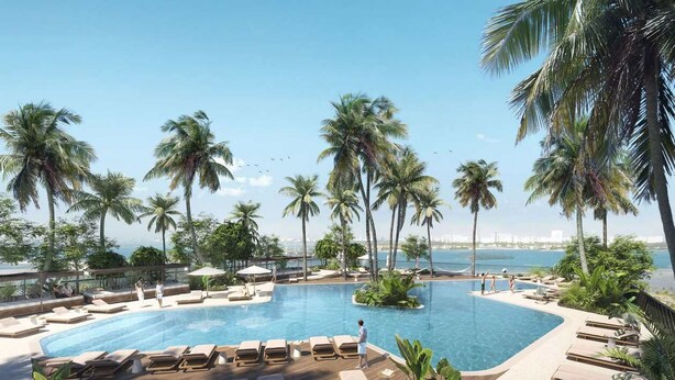 Un espace piscine doté de chaises longues, de palmiers et offrant une vue sur l’océan.