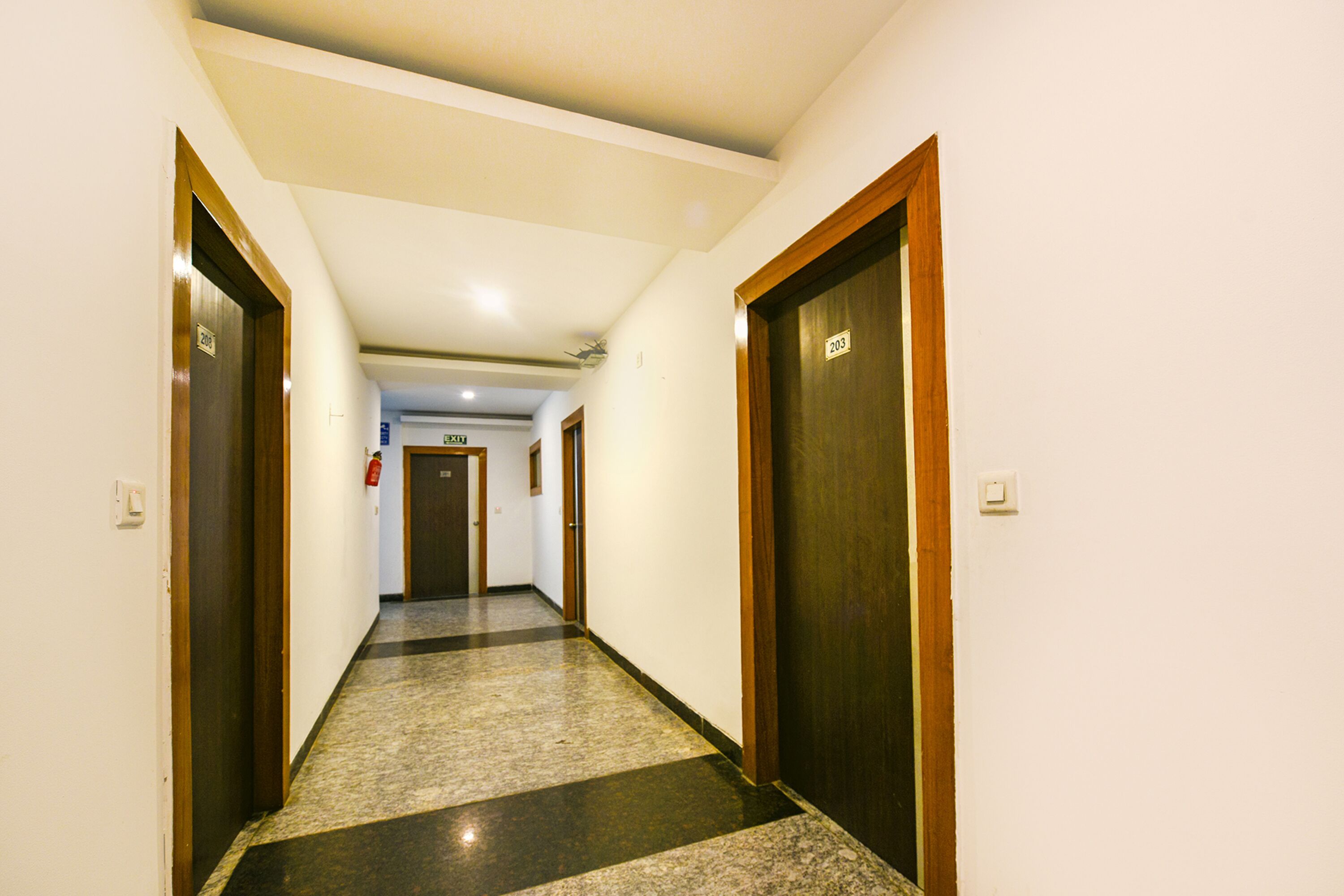 A hallway with doors numbered 203 and 204, leading to rooms.