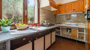 Eine Küche mit Holzausstattung, einer Arbeitsplatte aus Granit und Blick auf Bäume.