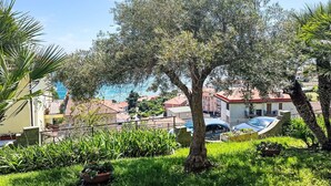 A residential area with a large tree in the foreground, a clear blue sky, and houses with red roofs in the background. - Lovely apartment for 3 guests with pool, TV, balcony and pets allowed (Cipressa)