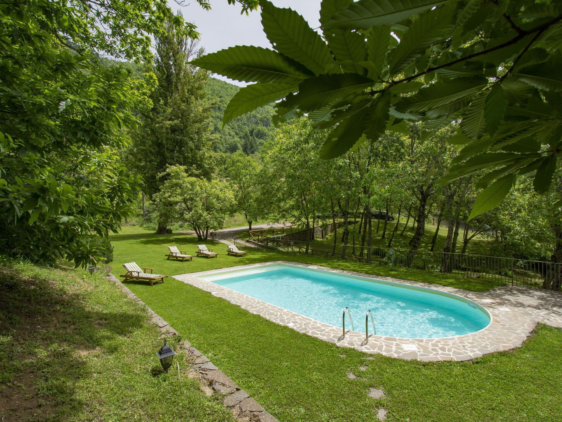 A swimming pool surrounded by a well-maintained lawn, with a stone border and a few lounge chairs.