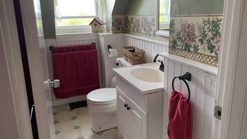 Hair dryer, towels, soap, shampoo