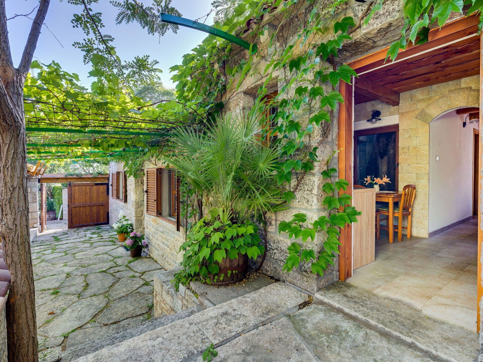 A stone staircase leading to a wooden door, surrounded by lush greenery and a pergola.
