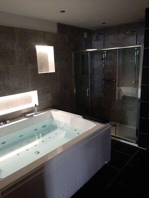Shower, jetted tub, hair dryer, towels - Luxury loft in Lille/Tourcoing with sauna, spa, 4 guests, with parking (Tourcoing)