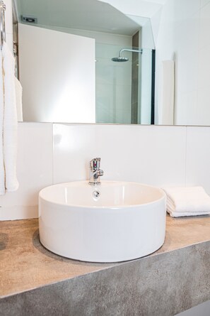 Bathroom features a central sink with a single faucet, a large mirror, and a shower with a glass door.