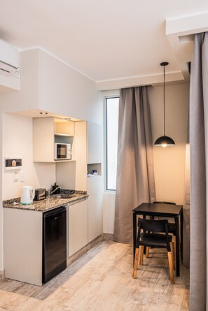 Fridge, microwave, electric kettle, toaster