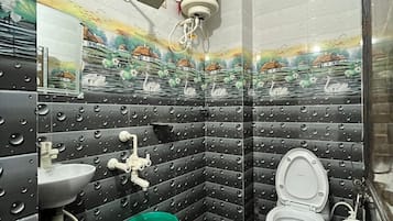 Shower, towels, soap, toilet paper