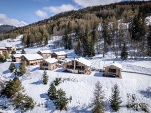 A snow-covered lodge with multiple wooden cabins, each featuring large windows and a balcony.