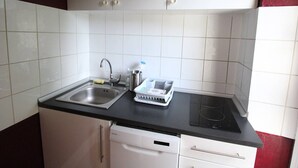 A compact kitchen with a sink, a dishwasher, and a stove. - 52m² Apt, 4 pers, Casino area, WiFi, Parking (Bagnères-de-Luchon)