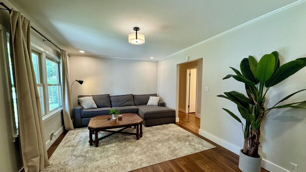 A living room with a sectional sofa, a coffee table, a large potted plant, and hardwood flooring. - Campus Den on Poplar St. (Marion)