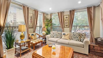 Smart TV, fireplace, books, offices