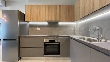 Full-size fridge, oven, stovetop, electric kettle