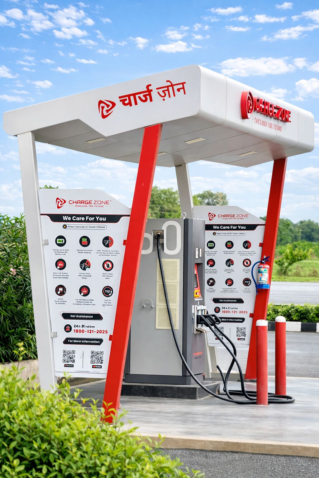 Une borne de recharge pour véhicules électriques de la marque CHARGE ZONE, dotée d’un auvent et de plusieurs prises de recharge.