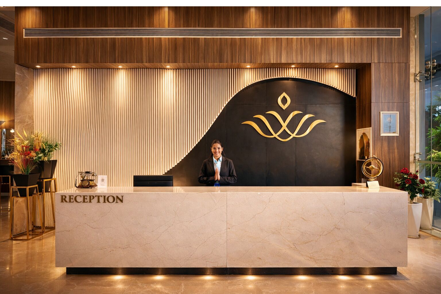 Un mostrador de recepción con encimera de mármol, pared revestida de paneles de madera y un logotipo en la parte superior.