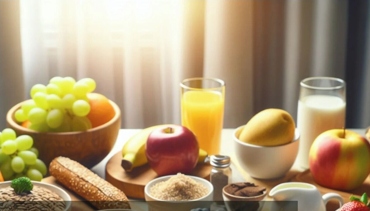 Mesa de café da manhã com frutas, pão e bebidas.
