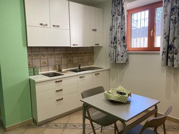 Fridge, stovetop, cookware/dishes/utensils