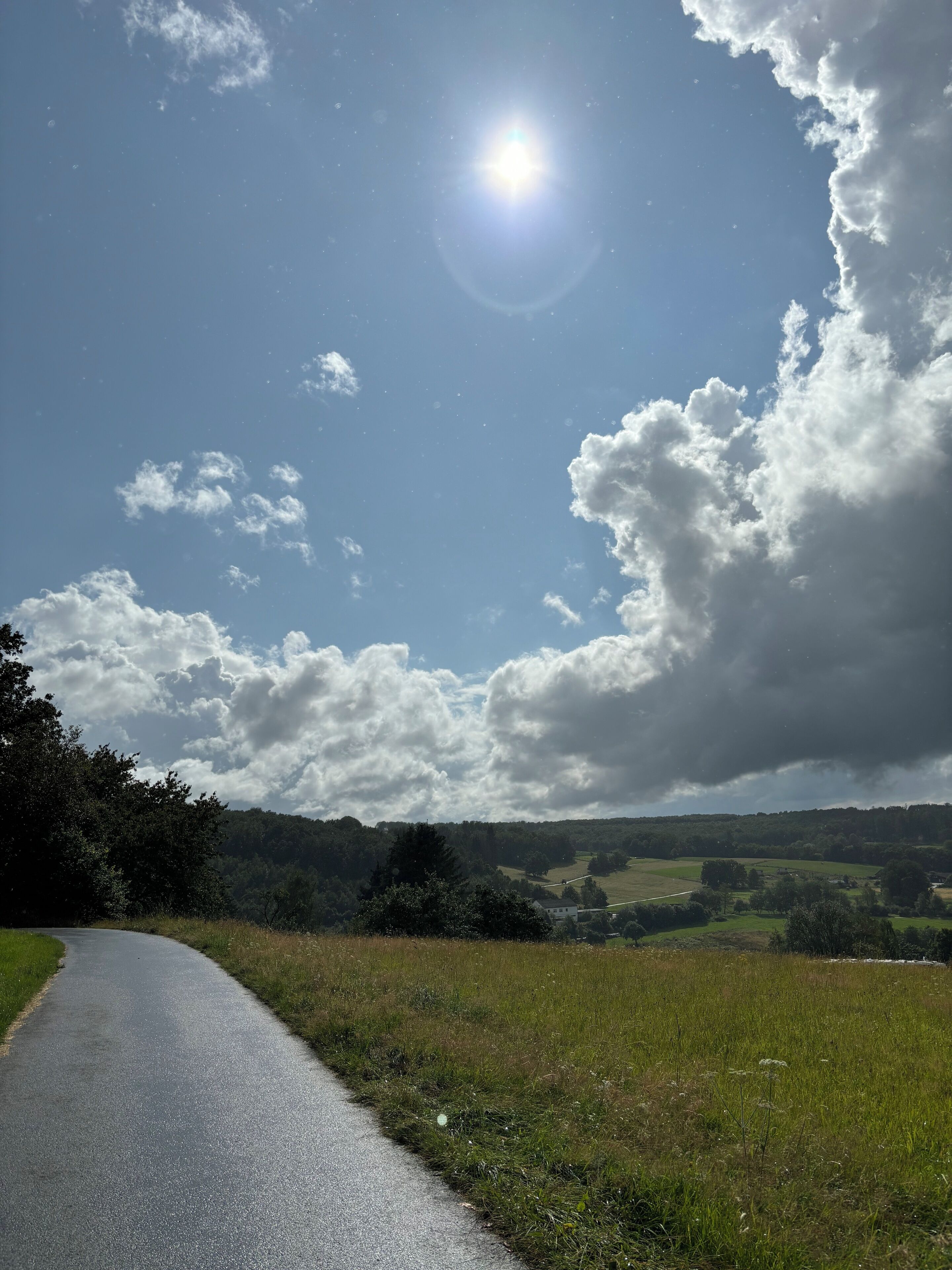 Eine ländliche Straße schlängelt sich durch eine grüne Landschaft unter blauem Himmel mit lockigen Wolken.