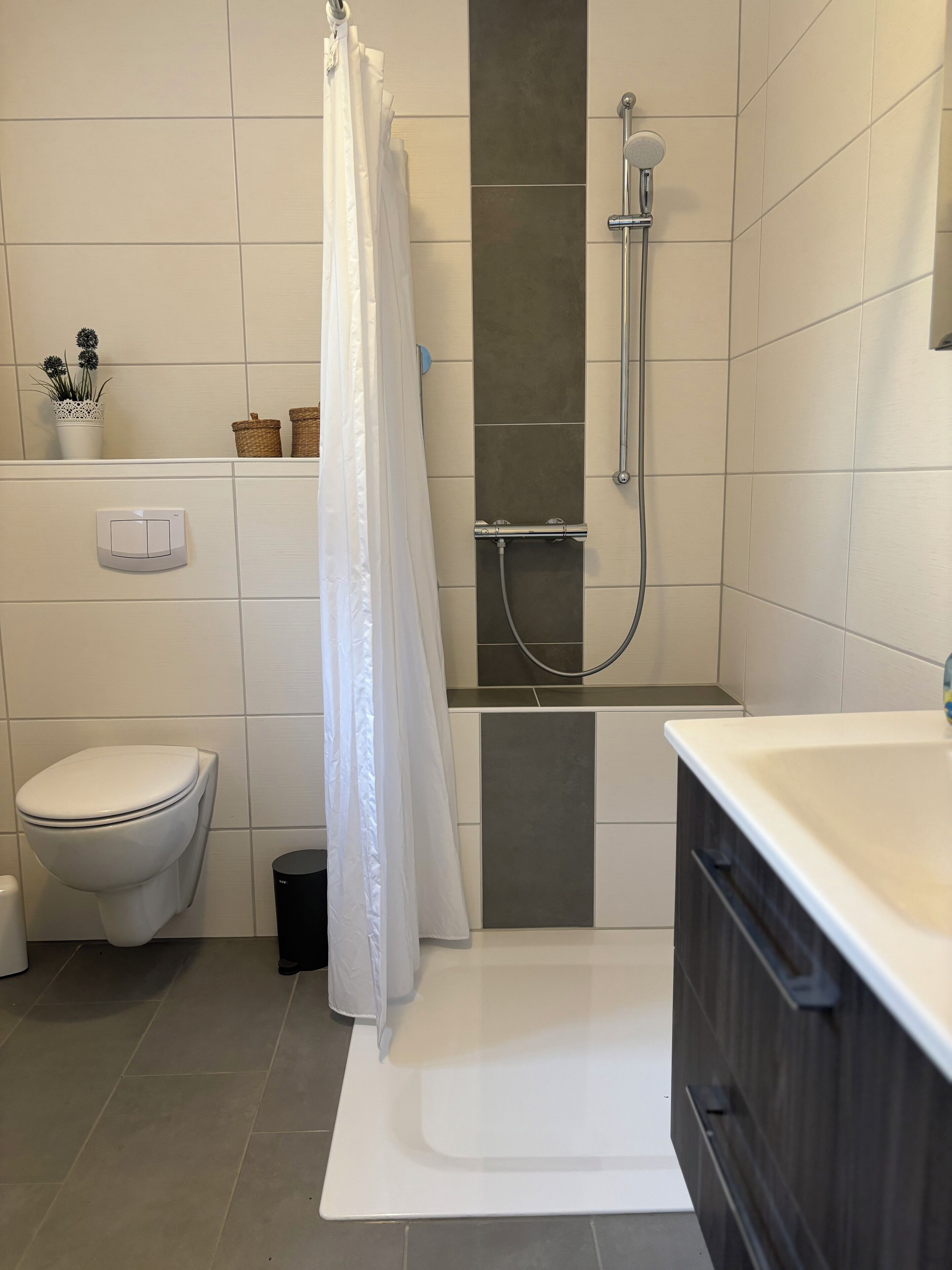 Regadera, toallas, jabón, papel de baño 