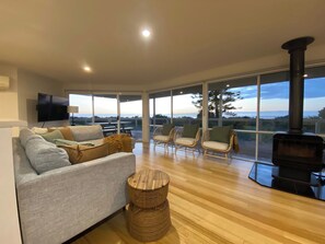 テレビ、暖炉、DVD プレーヤー