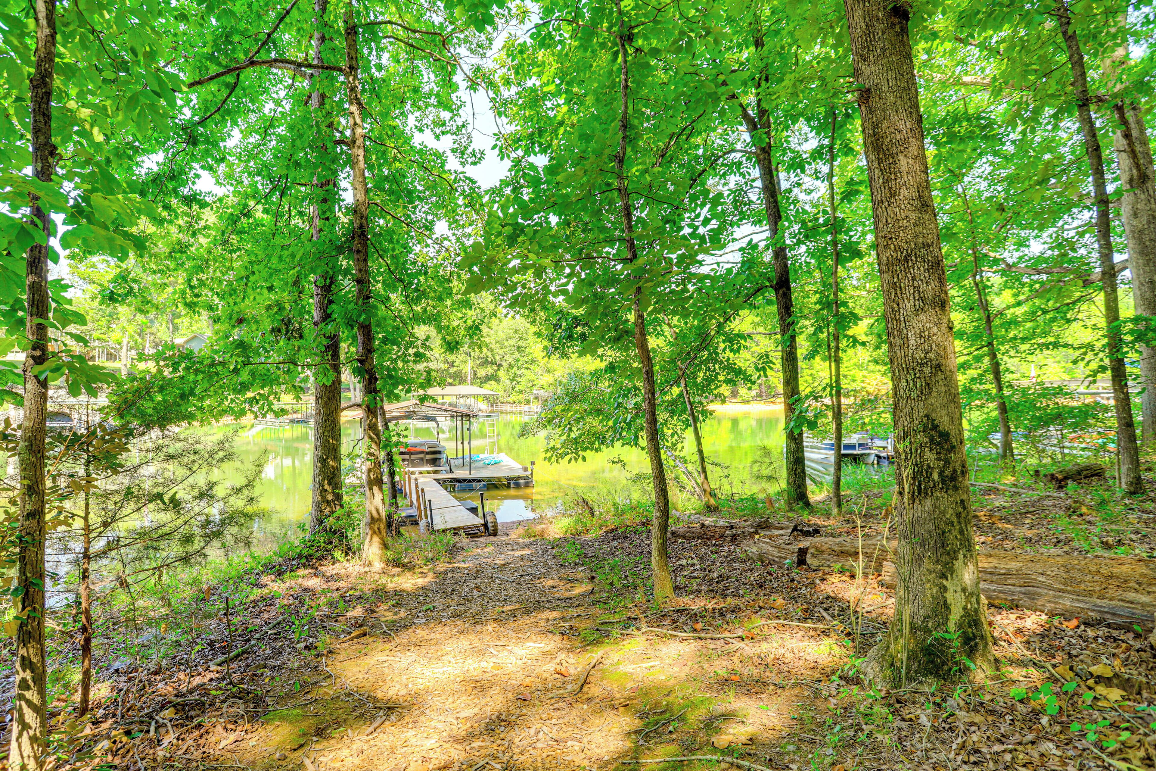 A forested area with a dock extending into a calm body of water, surrounded by trees and natural scenery.