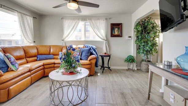 A living room with a brown leather sofa, a round coffee table, a ceiling fan, a TV, and a potted plant.