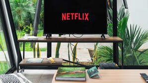 A television on a stand with the word "NETFLIX" on the screen, placed in a room with a view of greenery outside.