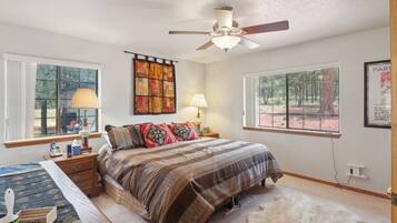 3 bedrooms, desk, laptop workspace, iron/ironing board